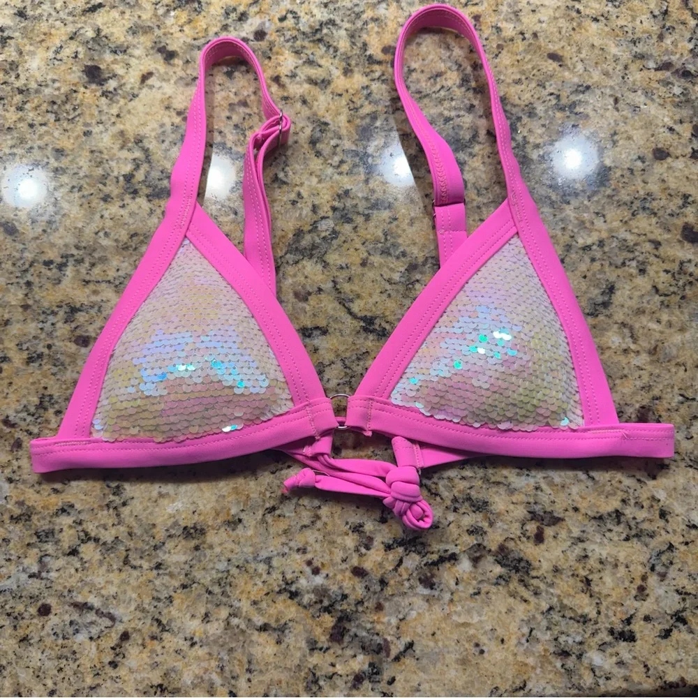 EUC‎ Zaful Pink Sequin Triangle Bikini Top Small Iridescent Mermaid Tie Back